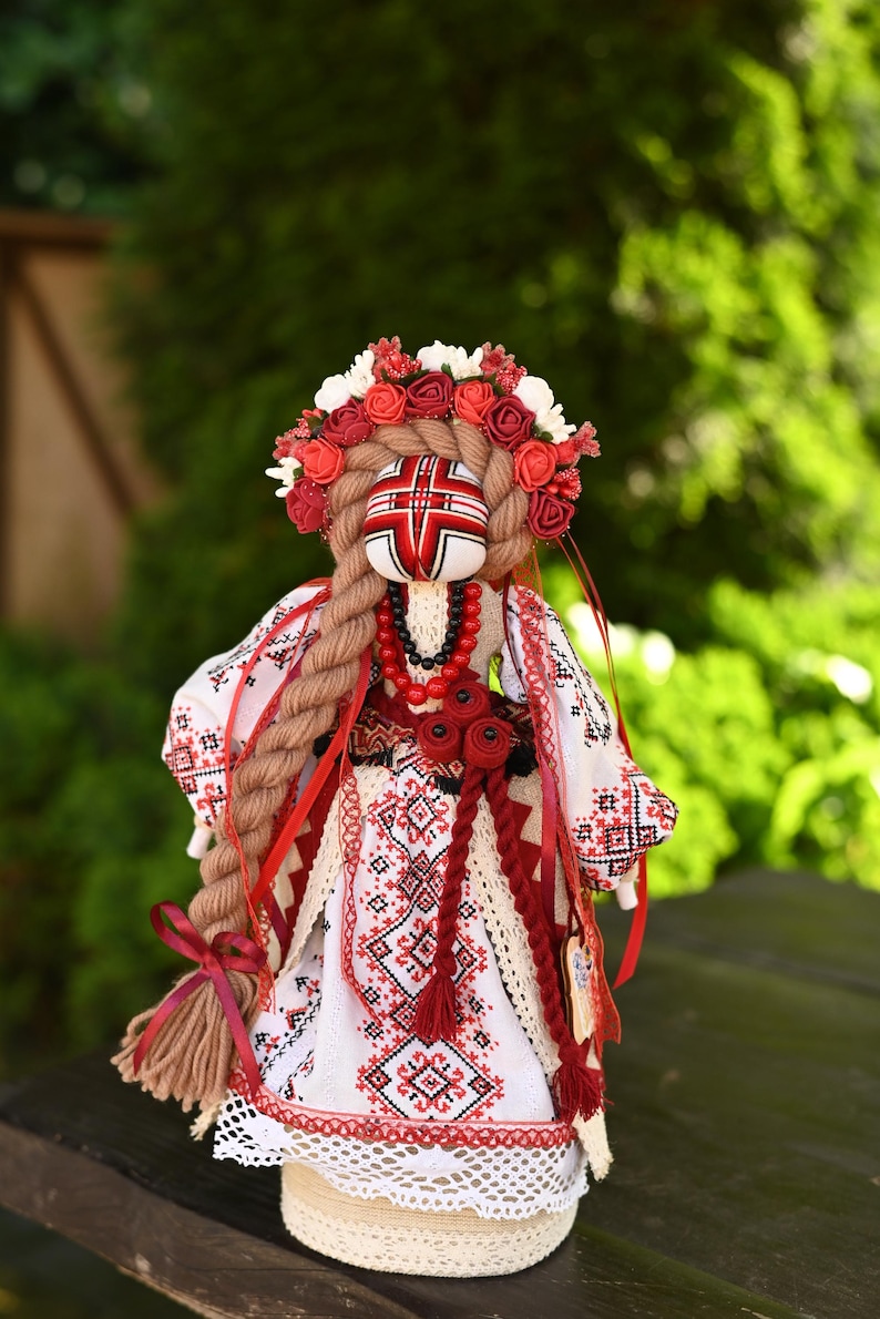 Handmade Ukrainian Motanka doll with embroidered face and traditional wreath, Collectible doll art, Unique decorative gift image 8