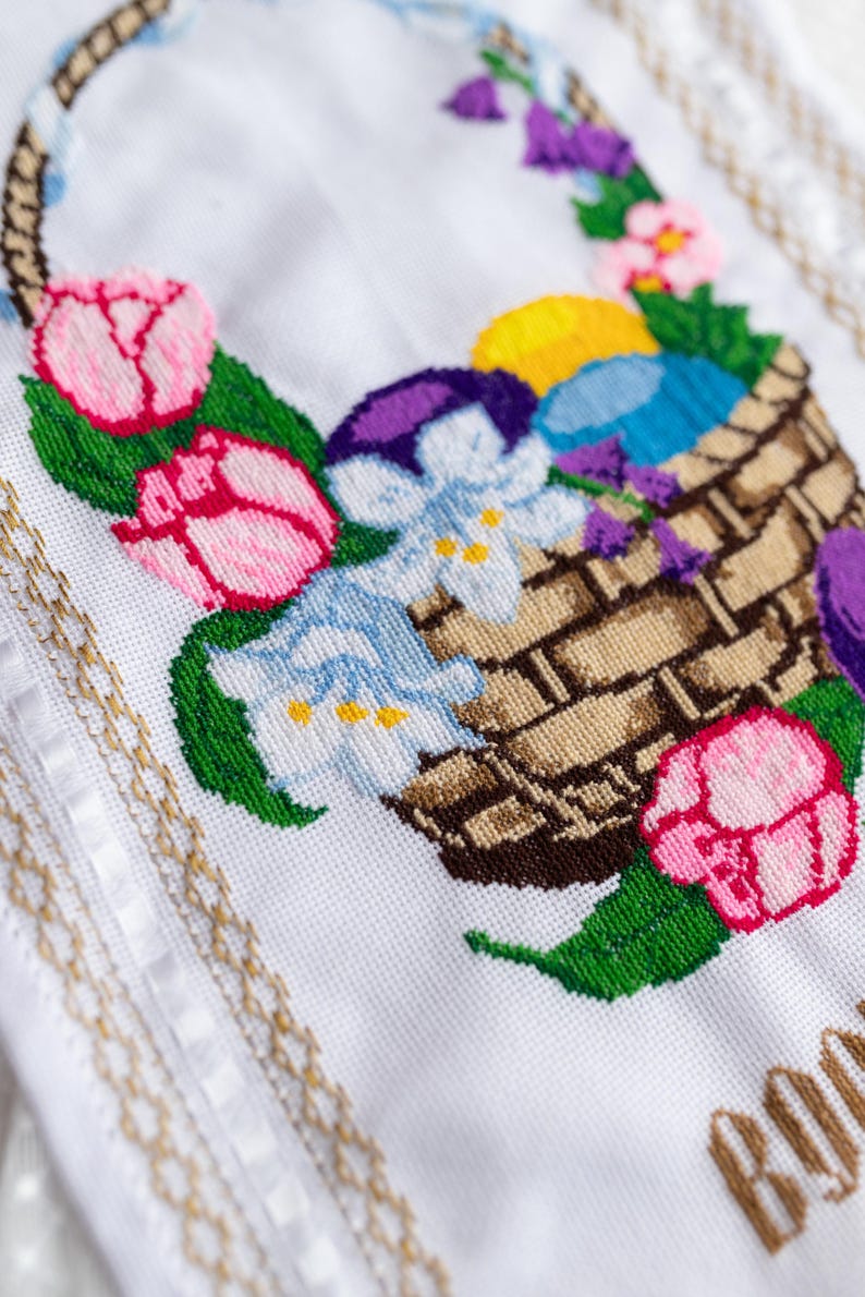 Cross stitch rushnyk with floral & Easter eggs