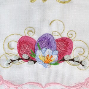 Orthodox Easter Basket Cover Towel with XB Embroidery, Lace Trim, Floral Eggs and Pussy Willow, Slavic Rushnyk for Blessing & Decor