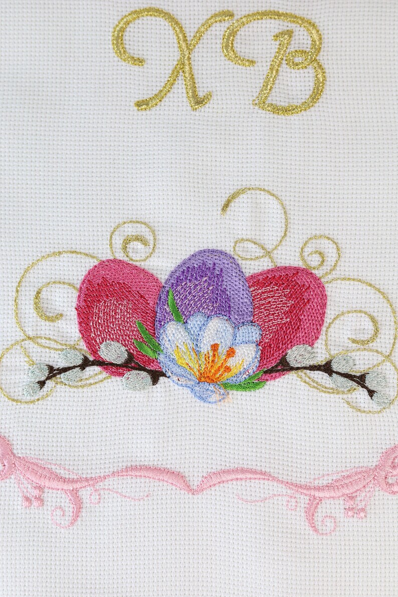 Orthodox Easter Basket Cover Towel with XB Embroidery, Lace Trim, Floral Eggs and Pussy Willow, Slavic Rushnyk for Blessing & Decor