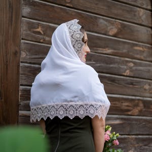 White mantilla scarf with delicate pink lace trim