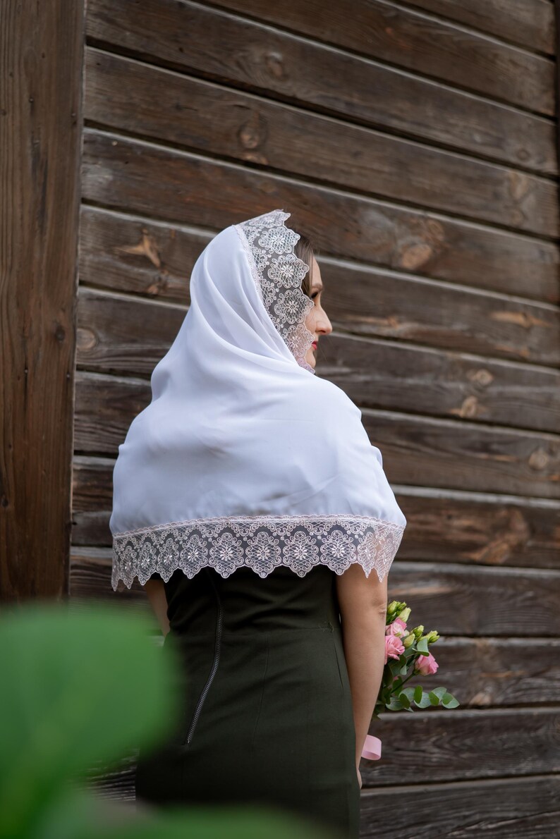 White mantilla scarf with delicate pink lace trim