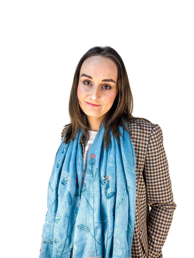 Light blue linen scarf with wildflower embroidery for women