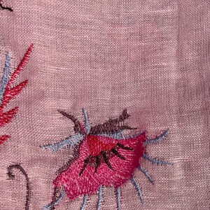 Pink linen embroidered scarf with wildflower pattern for women, lightweight floral head covering or shawl for spring and summer styling