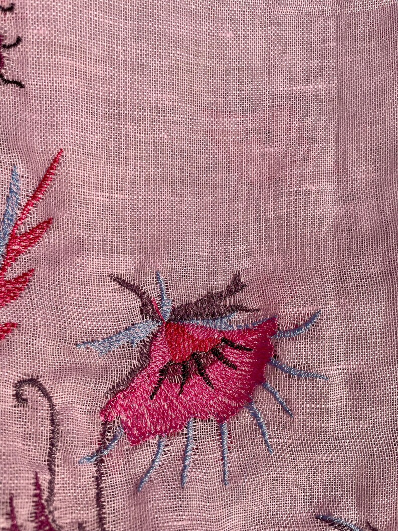 Pink linen embroidered scarf with wildflower pattern for women, lightweight floral head covering or shawl for spring and summer styling