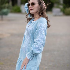Light blue linen dress with white embroidery