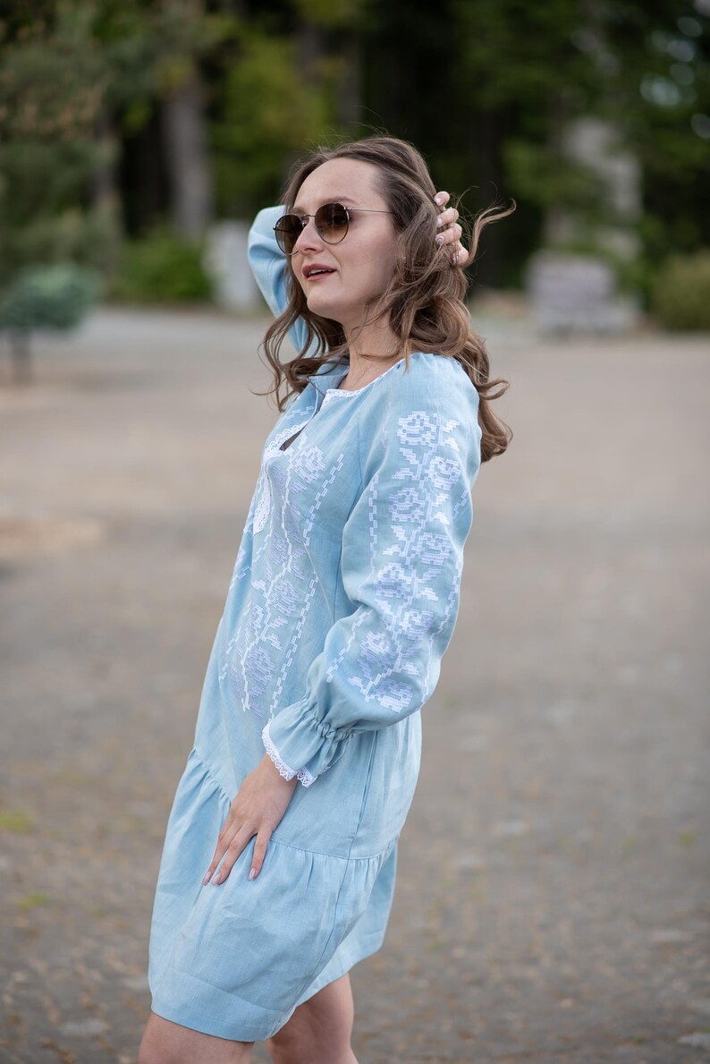 Light blue linen dress with white embroidery