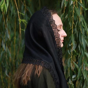 Black lace trim chapel veil scarf mantilla, Modest head covering for church, Orthodox catholic mass, Lightweight linen look prayer shawl