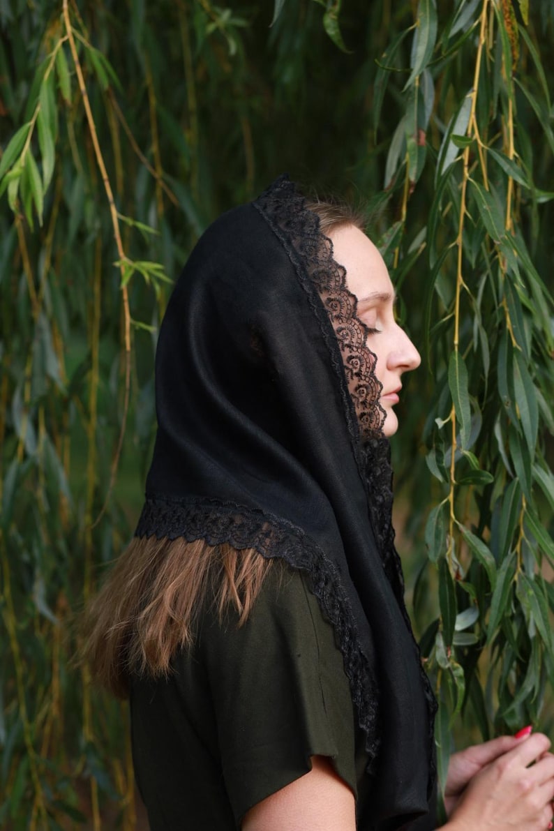 Black lace trim chapel veil scarf mantilla, Modest head covering for church, Orthodox catholic mass, Lightweight linen look prayer shawl