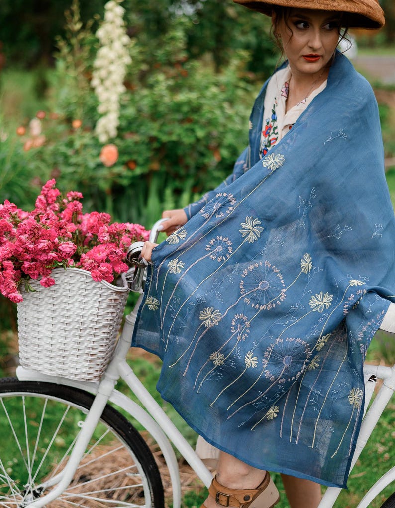 Blue linen embroidered wildflower scarf shawl – Lightweight boho wrap for women, Botanical meadow dandelion pattern head covering scarf
