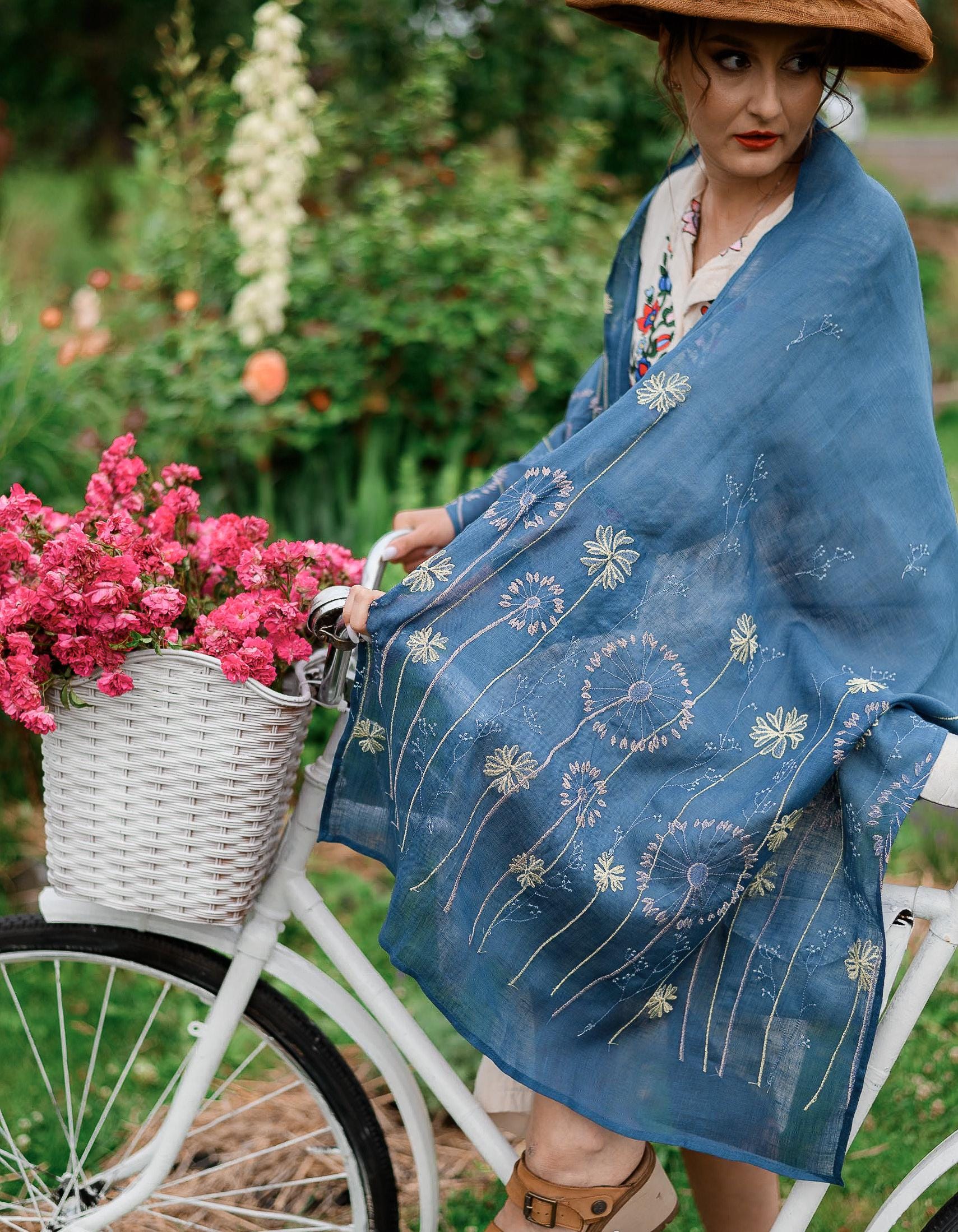 Blue Linen Embroidered Shawl with Wildflower Design, Lightweight Floral Head Covering, Modest Christian Veil or Summer Wrap