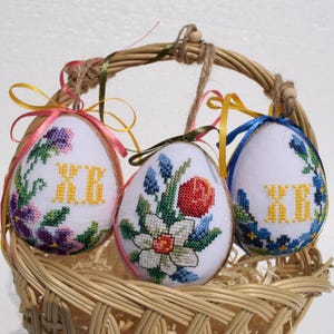 Set of 3 embroidered Easter egg ornaments with colorful floral designs
