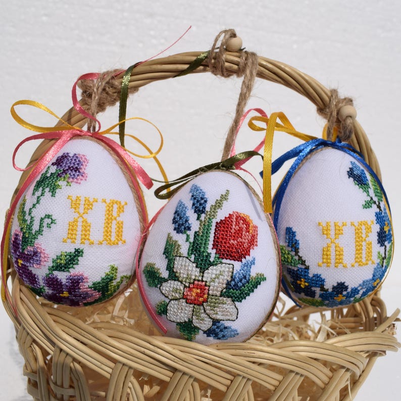 Set of 3 embroidered Easter egg ornaments with colorful floral designs
