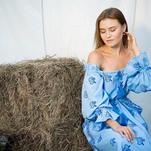 Light blue embroidered linen dress