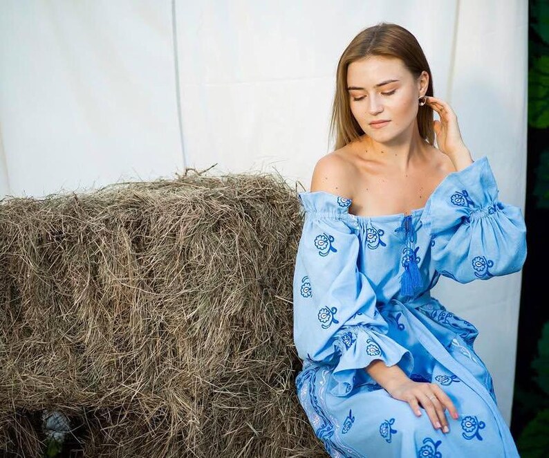 Light blue embroidered linen dress