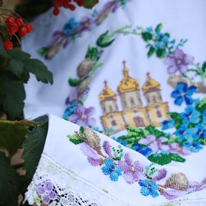 Finished Beaded Easter Towel with Church, Ukrainian Religious Embroidery, Handmade Bead Embroidery Cloth, Christian Easter Decor
