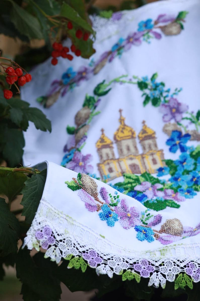 Finished Beaded Easter Towel with Church, Ukrainian Religious Embroidery, Handmade Bead Embroidery Cloth, Christian Easter Decor