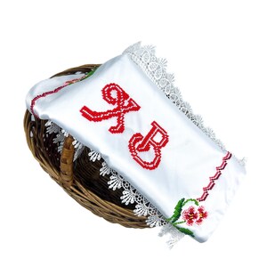Beaded Satin Easter Basket Cover with Floral Embroidery and Red Pysanka Design, Handcrafted Christian Holiday Decor with Cyrillic Letters