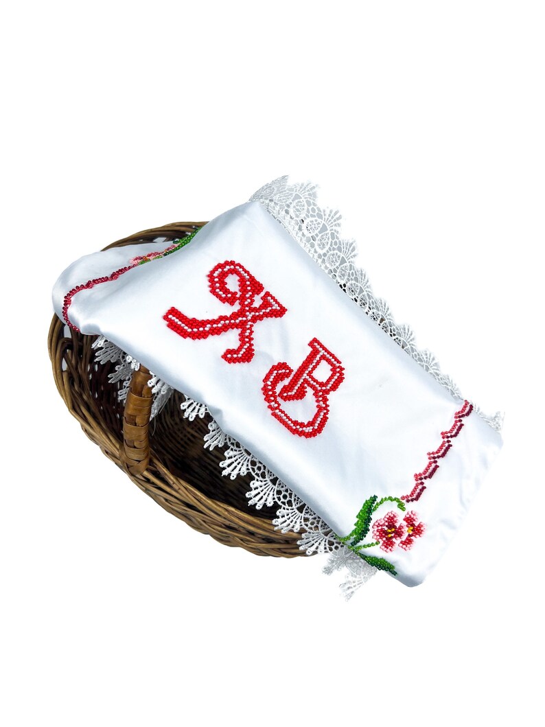 Beaded Satin Easter Basket Cover with Floral Embroidery and Red Pysanka Design, Handcrafted Christian Holiday Decor with Cyrillic Letters