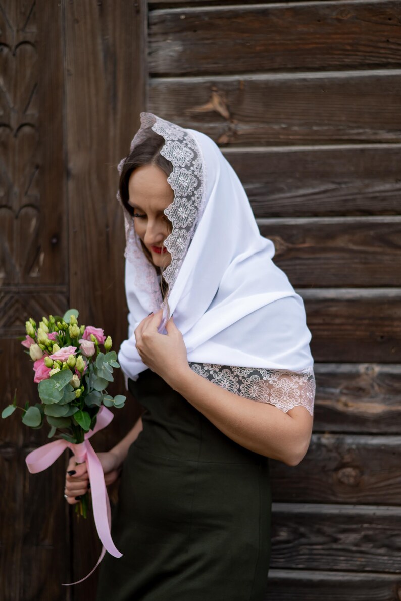 White mantilla scarf with delicate pink lace trim