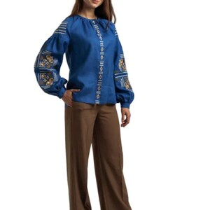 Blue Linen Embroidered Blouse for Women with Traditional Folk Pattern – Handmade Ethnic Shirt with Long Sleeves and Elegant Ukrainian Style