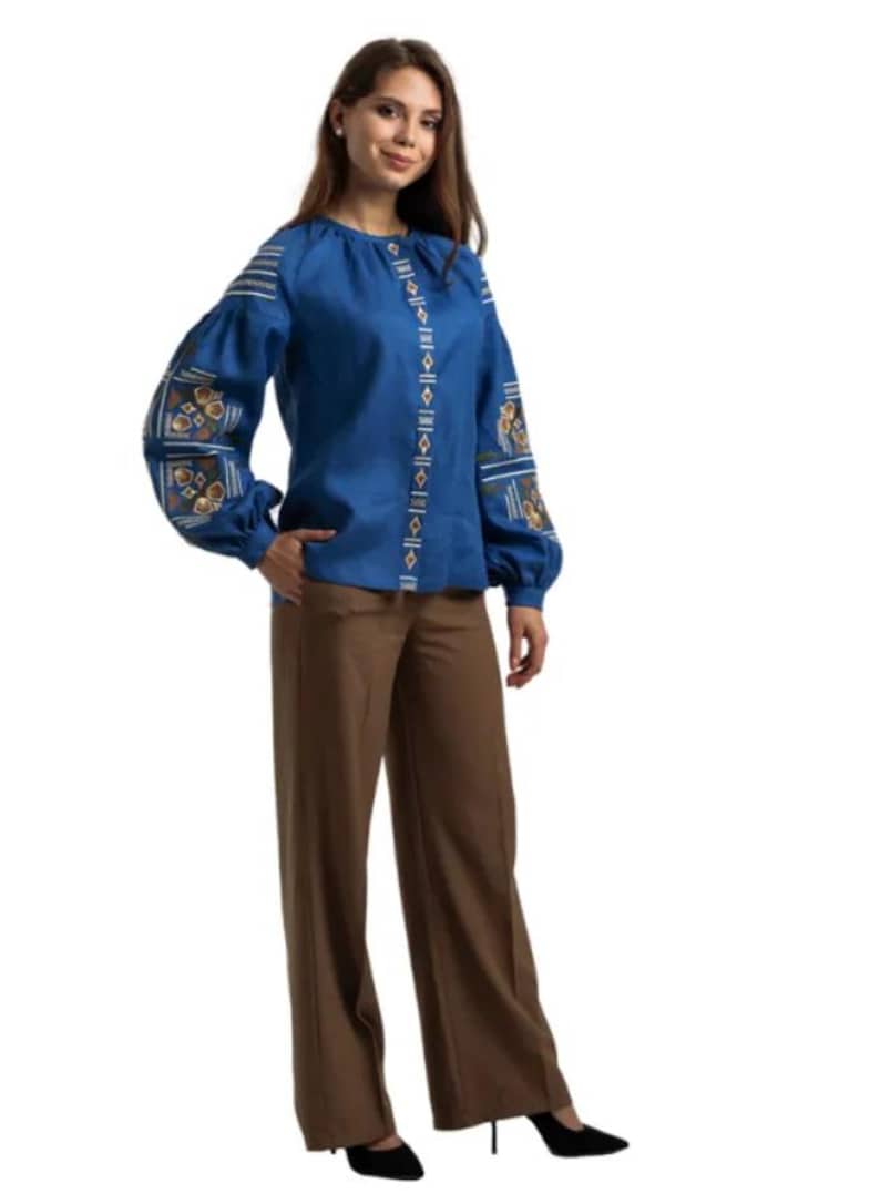 Blue Linen Embroidered Blouse for Women with Traditional Folk Pattern – Handmade Ethnic Shirt with Long Sleeves and Elegant Ukrainian Style