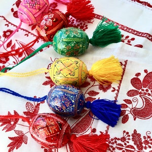 Hand-painted Ukrainian pysanka Easter egg ornaments with tassels