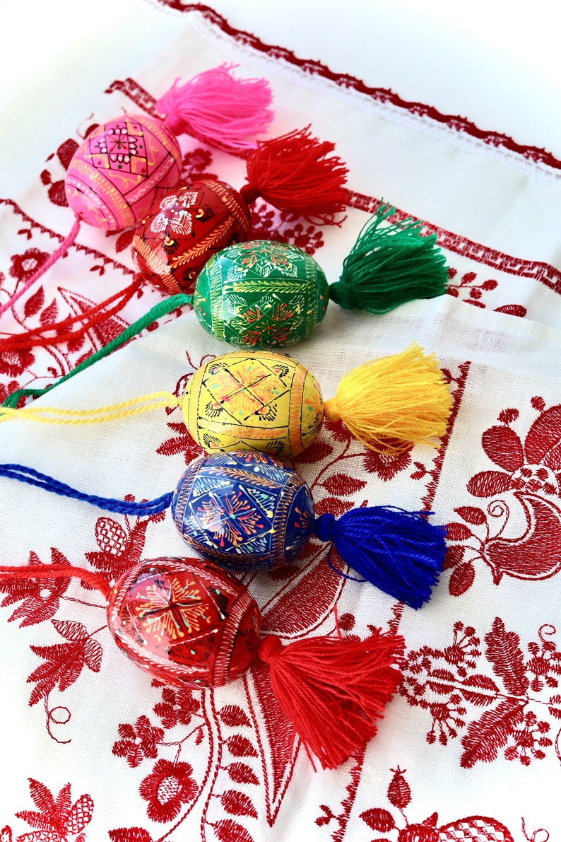 Hand-painted Ukrainian pysanka Easter egg ornaments with tassels