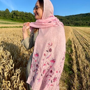 Pink linen embroidered scarf with wildflower pattern for women, lightweight floral head covering or shawl for spring and summer styling