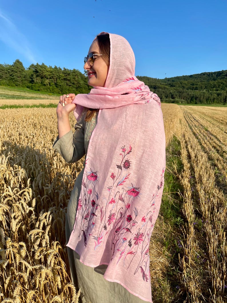Pink linen embroidered scarf with wildflower pattern for women, lightweight floral head covering or shawl for spring and summer styling