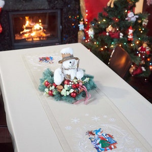 Festive beige cotton centerpiece cover with holiday winter scenes