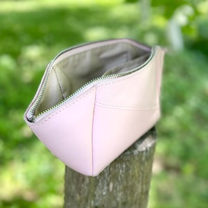 Handmade blush pink leather cosmetic bag
