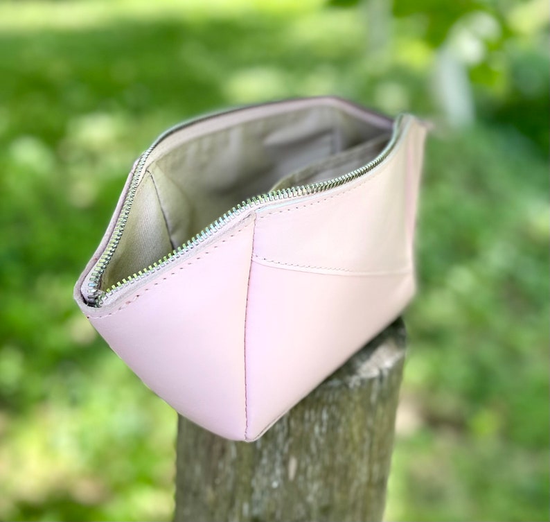 Handmade blush pink leather cosmetic bag