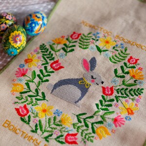 Handmade embroidered Easter basket cover with bunny and floral wreath design
