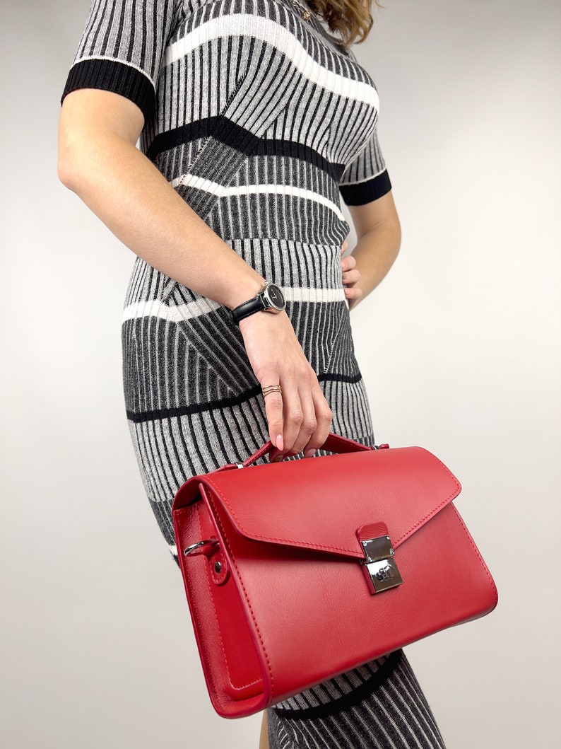 Red Leather Top Handle Bag with Silver Lock Elegant Structured Handbag for Women Classic Shoulder or Clutch Purse Gift