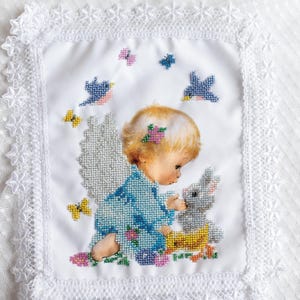 Beaded Angel Easter Basket Cover with Bunny and Birds, Handmade Cloth with Seed Bead Embroidery, Christian Holiday Blessing Decoration