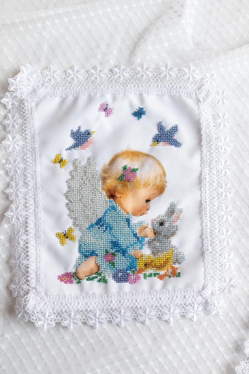 Beaded Angel Easter Basket Cover with Bunny and Birds, Handmade Cloth with Seed Bead Embroidery, Christian Holiday Blessing Decoration