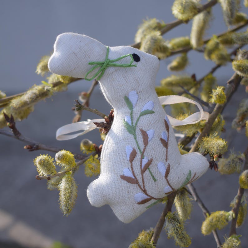 Handmade linen Easter bunny ornament with willow embroidery