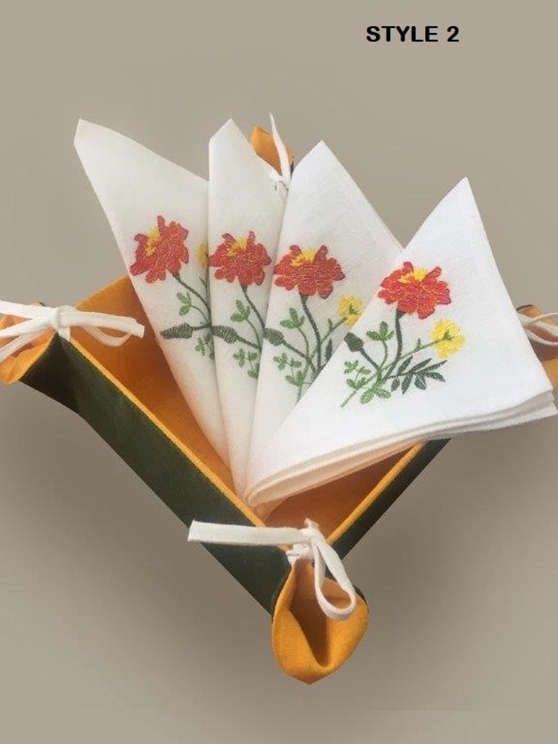 Embroidered Linen Napkins Set with Bread Basket