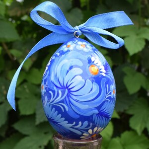 Set of 6 hand painted Easter egg ornaments with ribbons, Ukrainian folk floral wooden eggs, Gift boxed spring decor