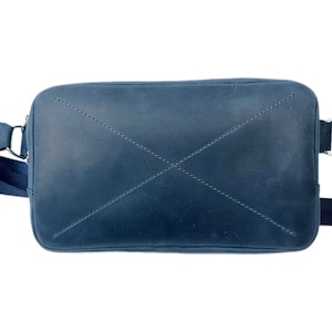 Stylish blue leather cross body bag with adjustable strap, Minimalist everyday bag for men, Versatile belt bag