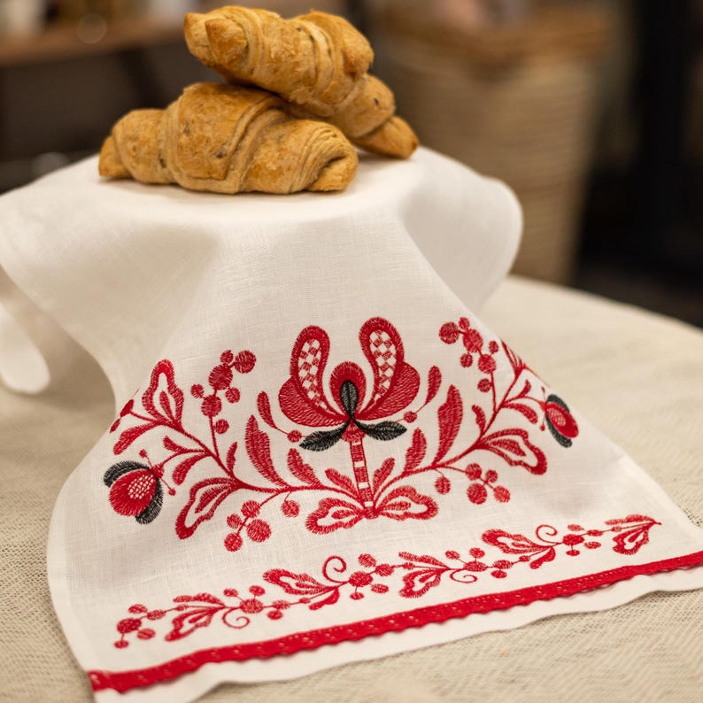 Red embroidered linen bread towel