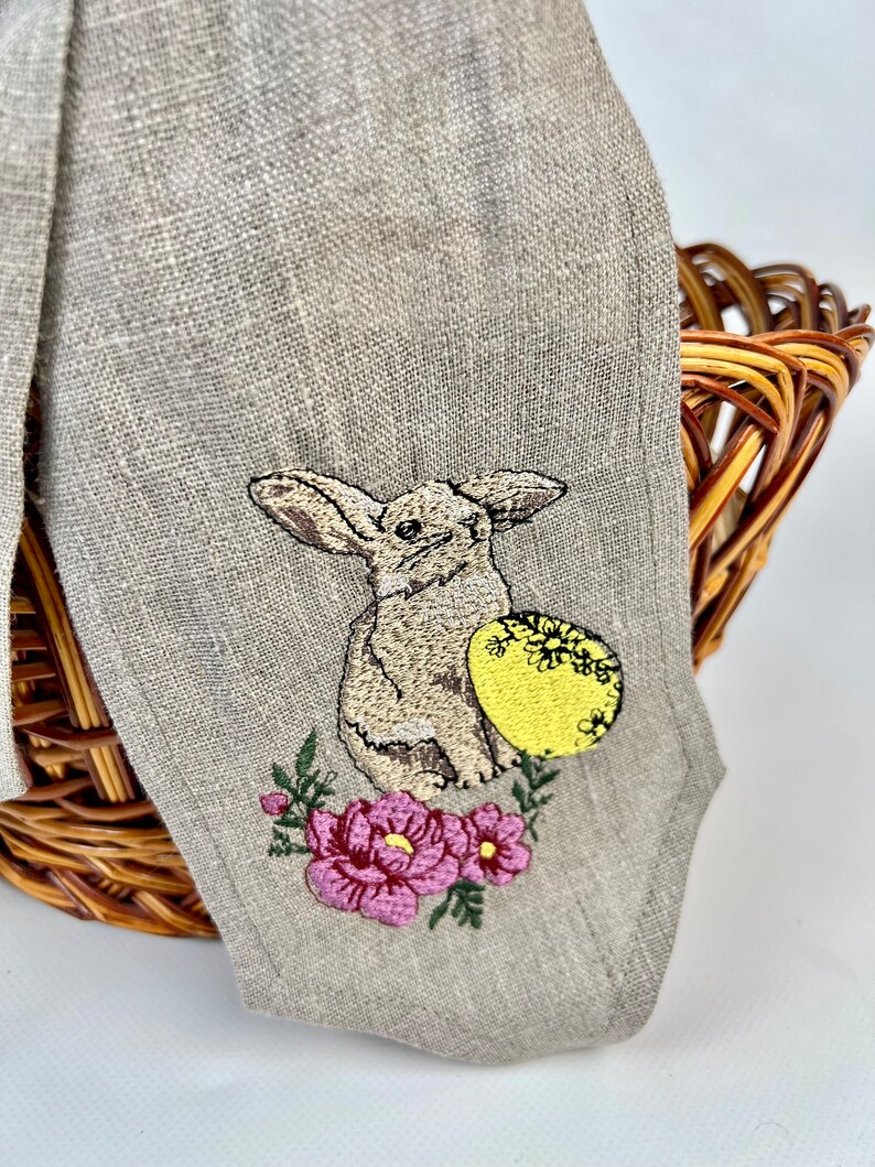 Easter basket linen bow with embroidered bunny