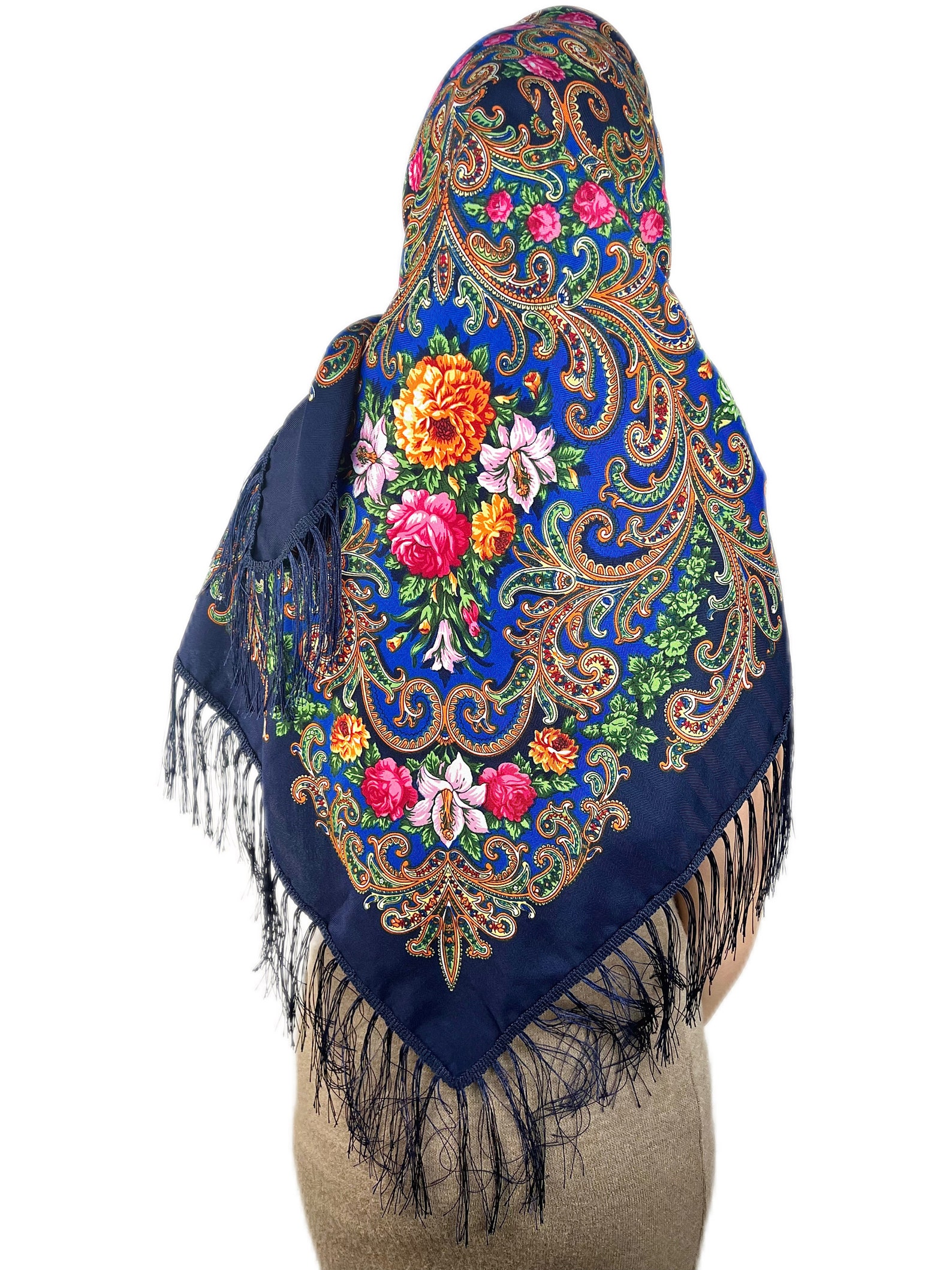 Blue Slavic Shawl, Ukrainian Shawl With Fringe, Wool Scarf, Bohemian ...