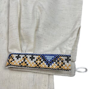 Men’s Ukrainian Embroidered Shirt Vyshyvanka, White Folk Long Sleeve with Blue Geometric Pattern and Tassel Neck, Traditional Slavic Top