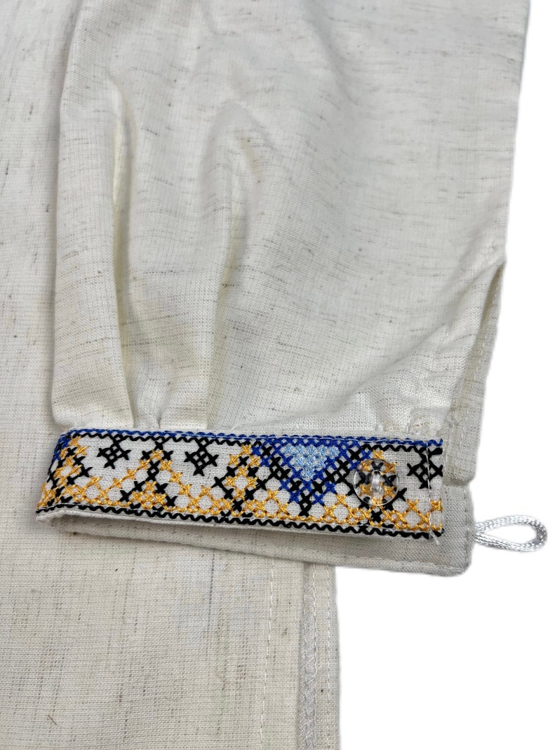 Men’s Ukrainian Embroidered Shirt Vyshyvanka, White Folk Long Sleeve with Blue Geometric Pattern and Tassel Neck, Traditional Slavic Top