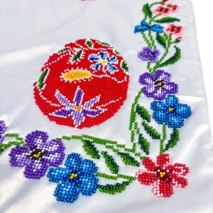 Beaded Satin Easter Basket Cover with Floral Embroidery and Red Pysanka Design, Handcrafted Christian Holiday Decor with Cyrillic Letters