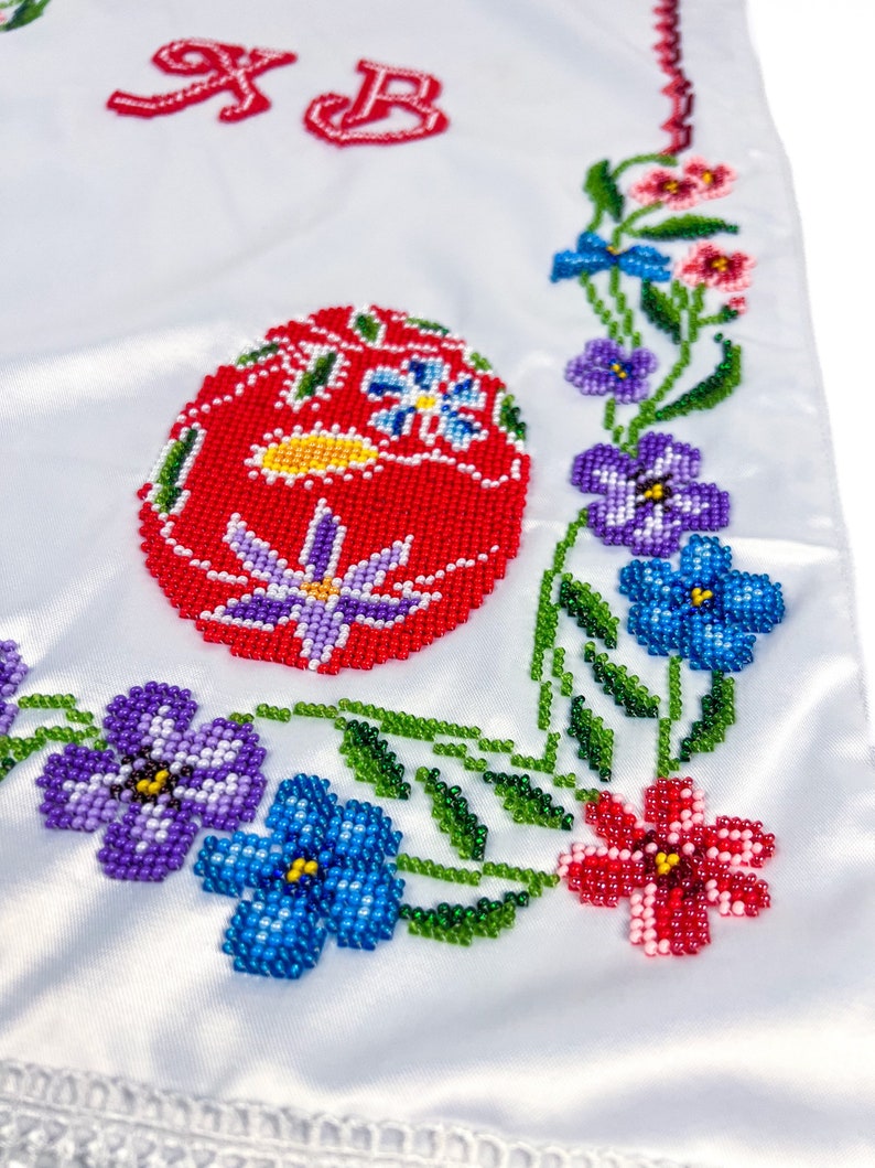 Beaded Satin Easter Basket Cover with Floral Embroidery and Red Pysanka Design, Handcrafted Christian Holiday Decor with Cyrillic Letters