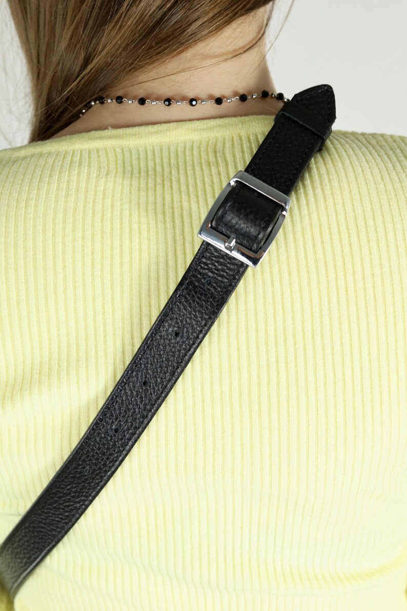 Black Leather Fringe Crossbody Bag with Adjustable Strap, Handmade Boho Waist Bag, Zippered Sling Purse with Leaf Charms