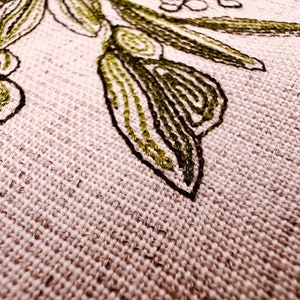 May include: Close-up of a beige fabric with green embroidery of a leafy branch with small green circles. The embroidery is detailed and intricate.